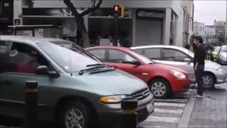 Car Stops Over the Crosswalk, Pedestrian Takes Action, In Russia, he'd already be run over 2
